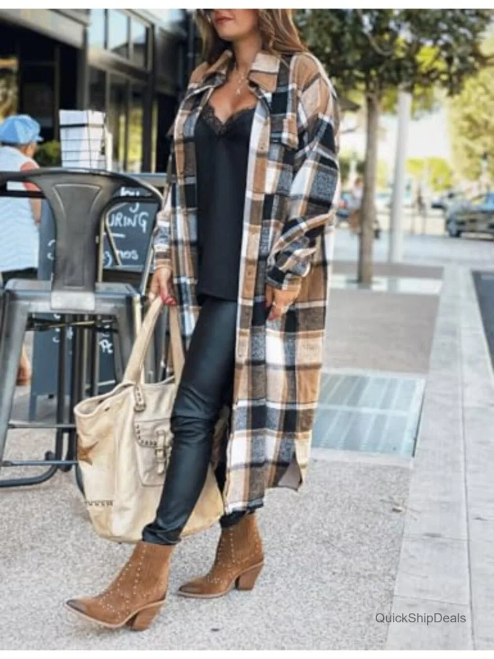 Oversized Flannel Plaid Shacket, Polyester Long Sleeve Button Down, 4 Pockets